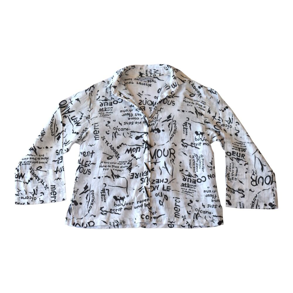 Vintage Monochromatic Linen Blend Graffiti Print Top - Lagenlook - Women's XS